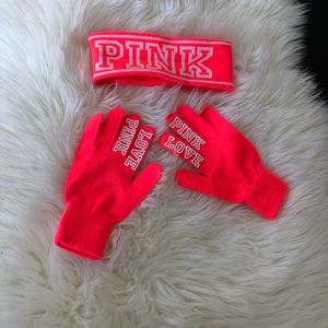 Pink Brand gloves and headband OS